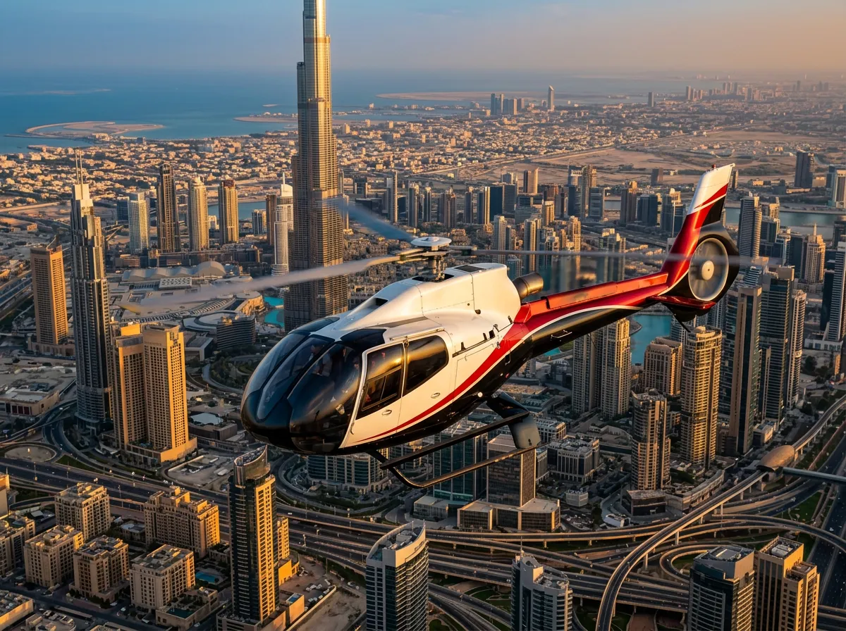 Helicopter flying past the Burj Khalifa over Downtown Dubai at golden hour