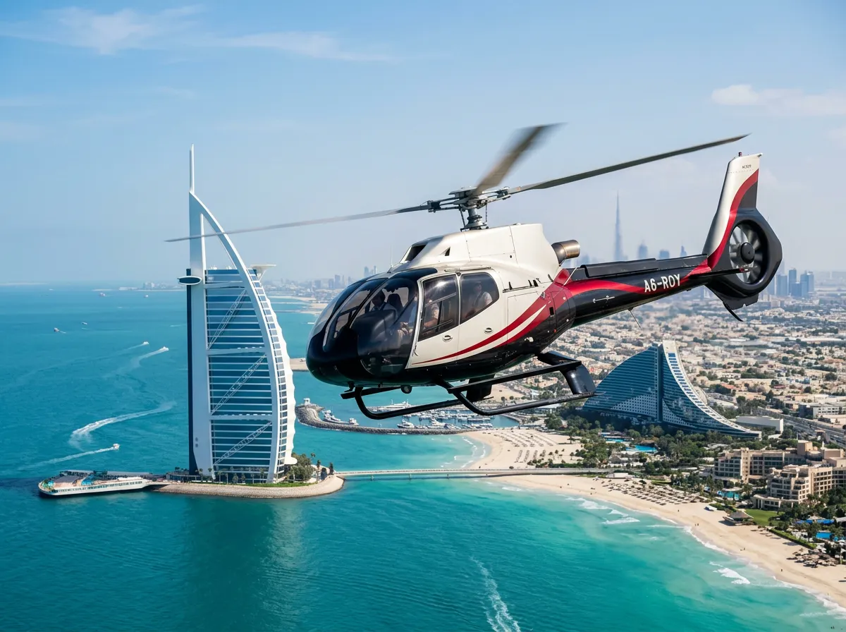 Helicopter cruising along the Jumeirah coastline past the Burj Al Arab