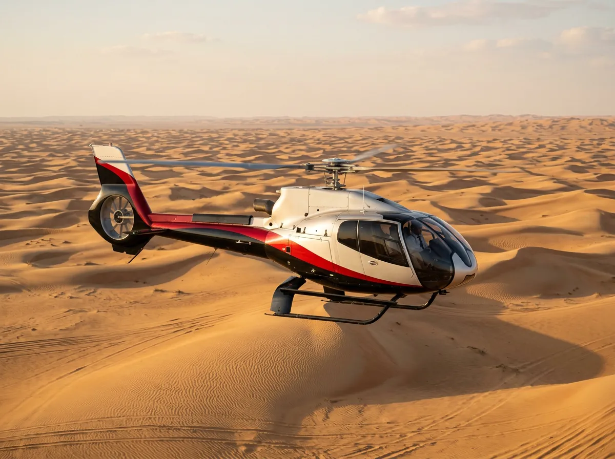 Helicopter flying low over the golden Dubai desert dunes