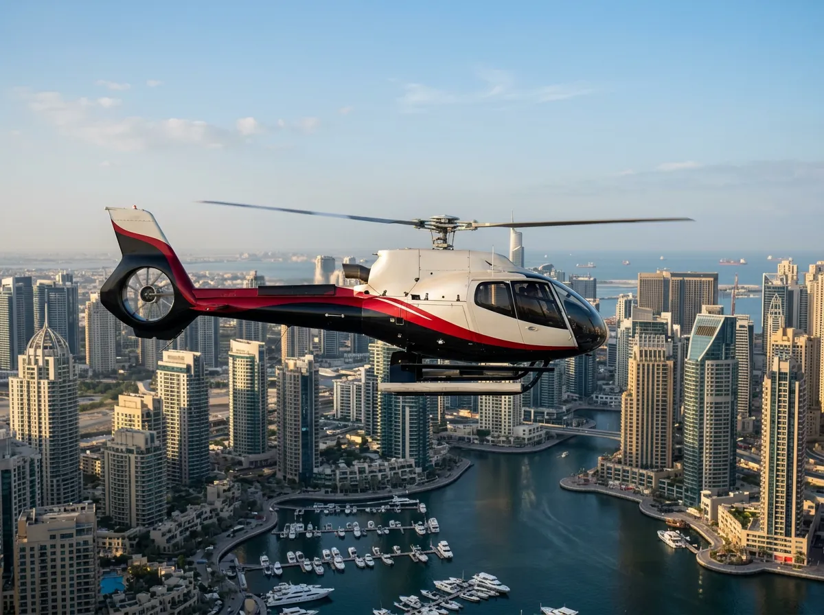 Helicopter flying over the skyscrapers and yachts of Dubai Marina