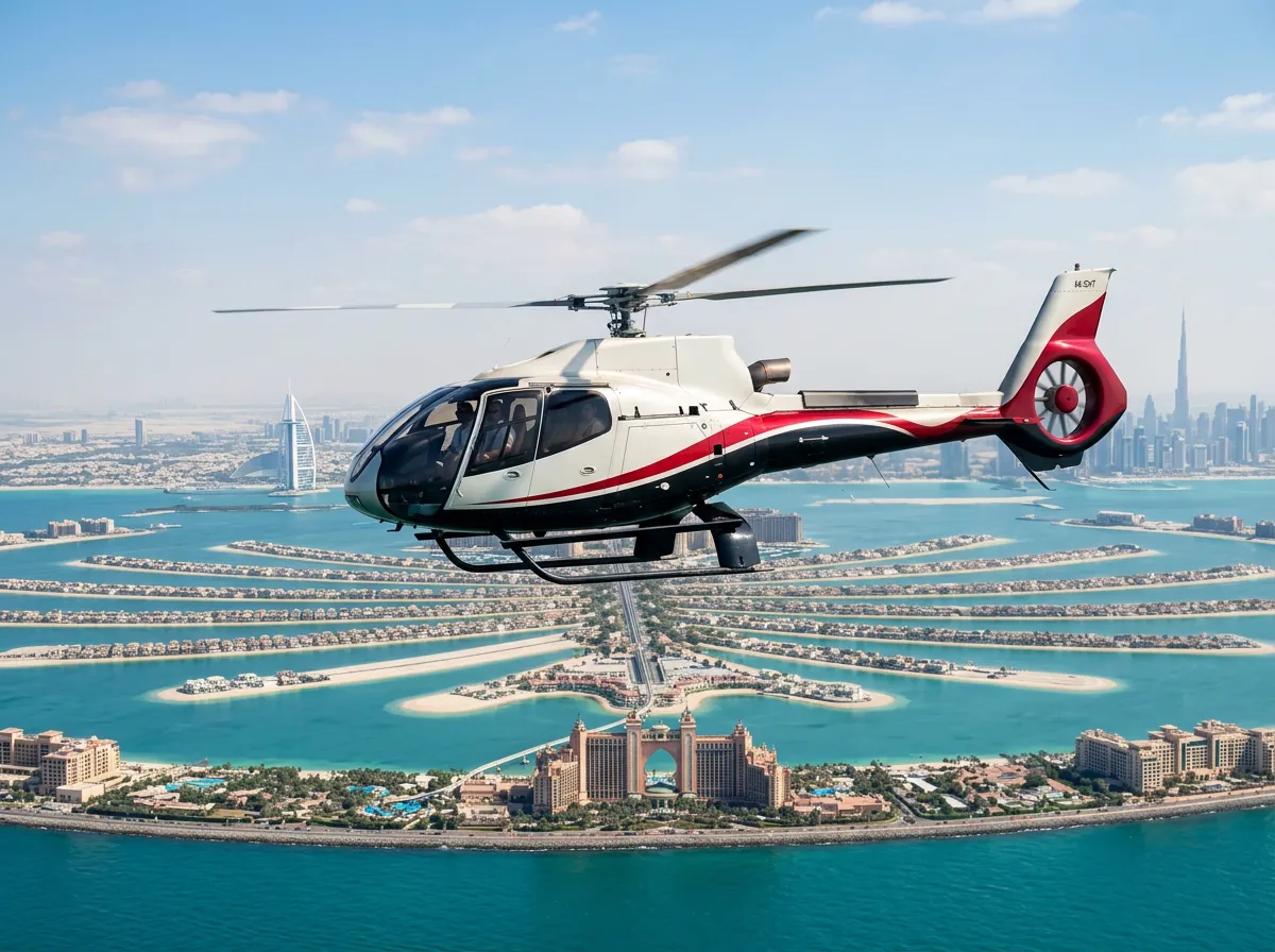 Helicopter in flight over the Palm Jumeirah and Atlantis resort