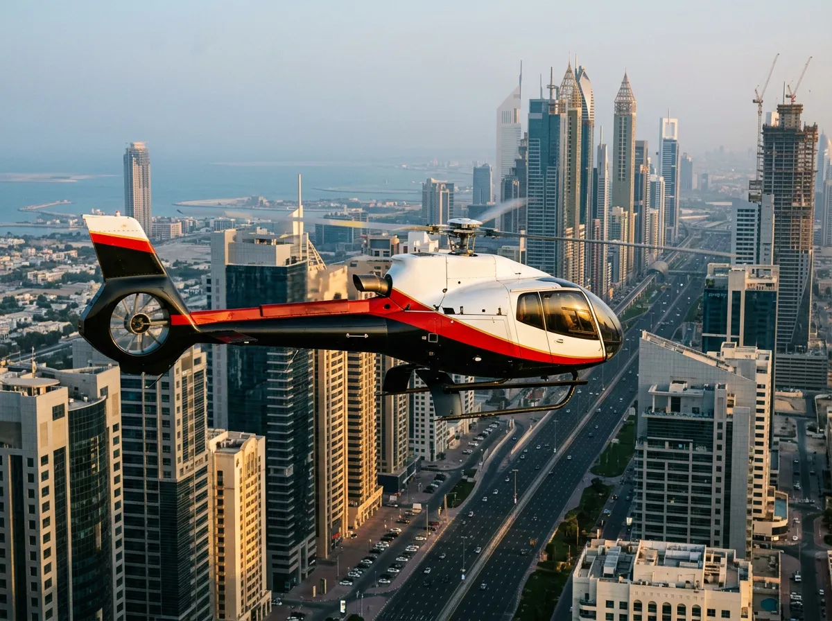 Helicopter banking past the Sheikh Zayed Road skyline at sunset