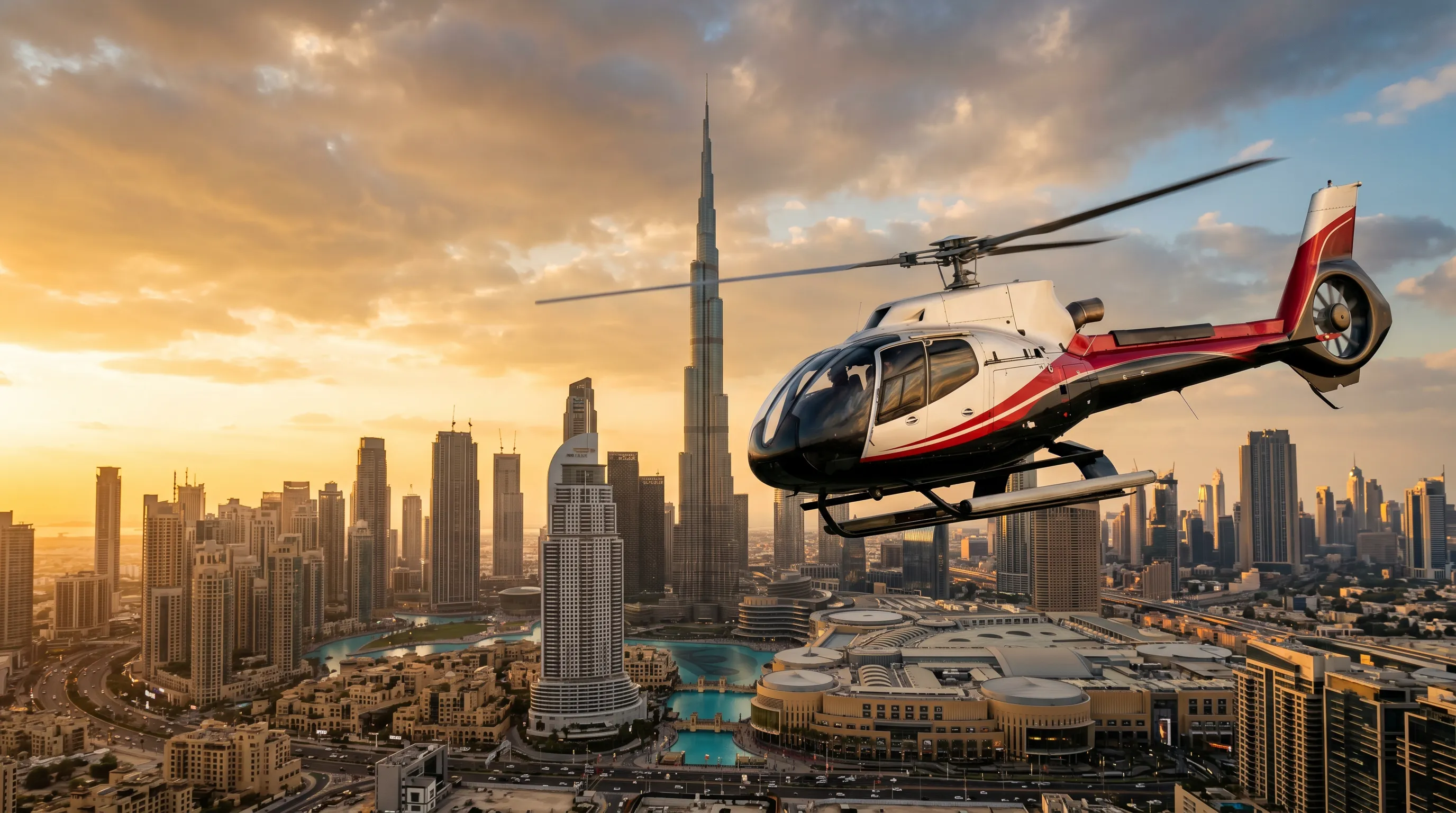 Helicopter flying over Dubai with the Burj Khalifa at golden hour