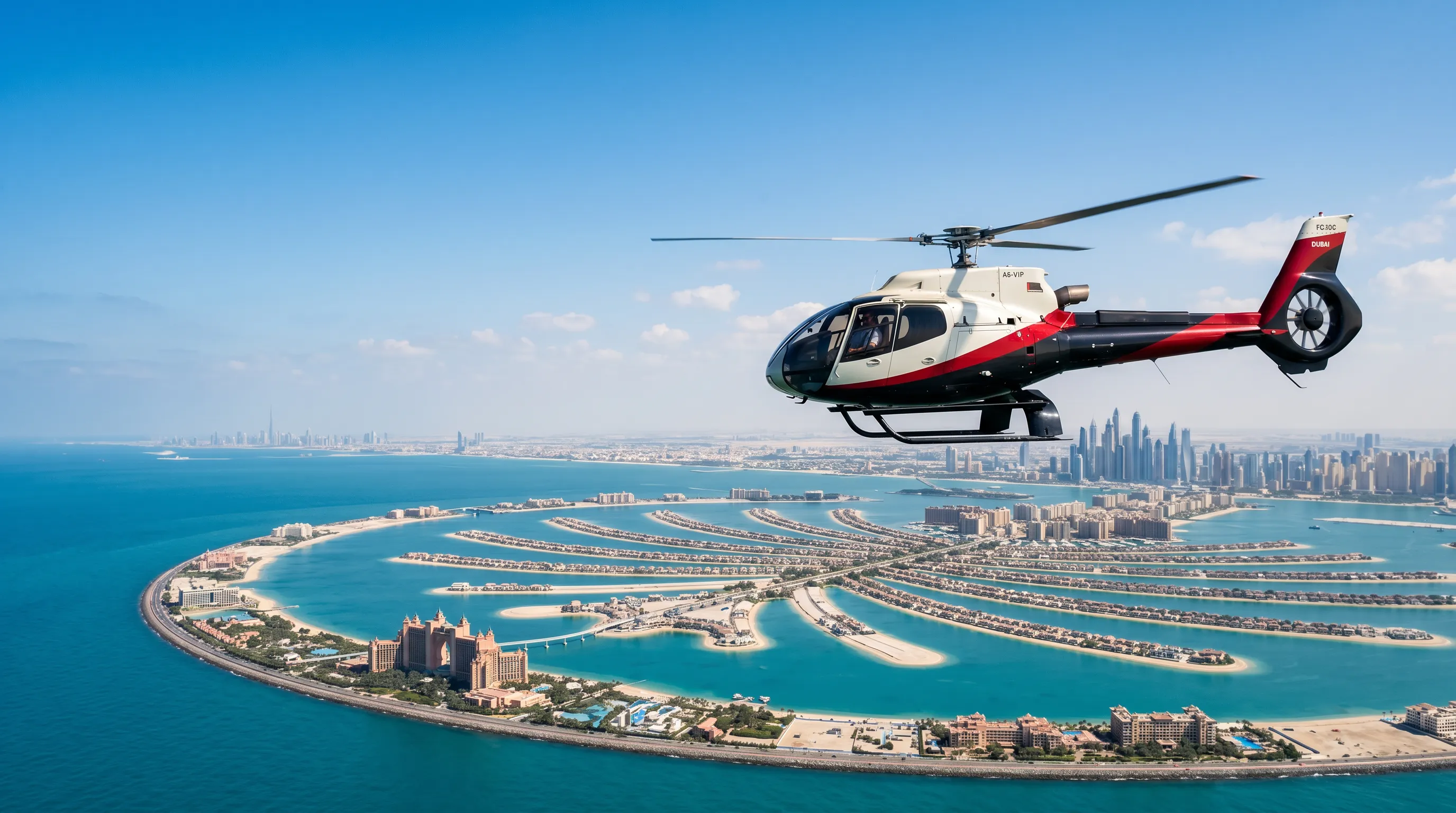 Helicopter soaring over the Palm Jumeirah islands