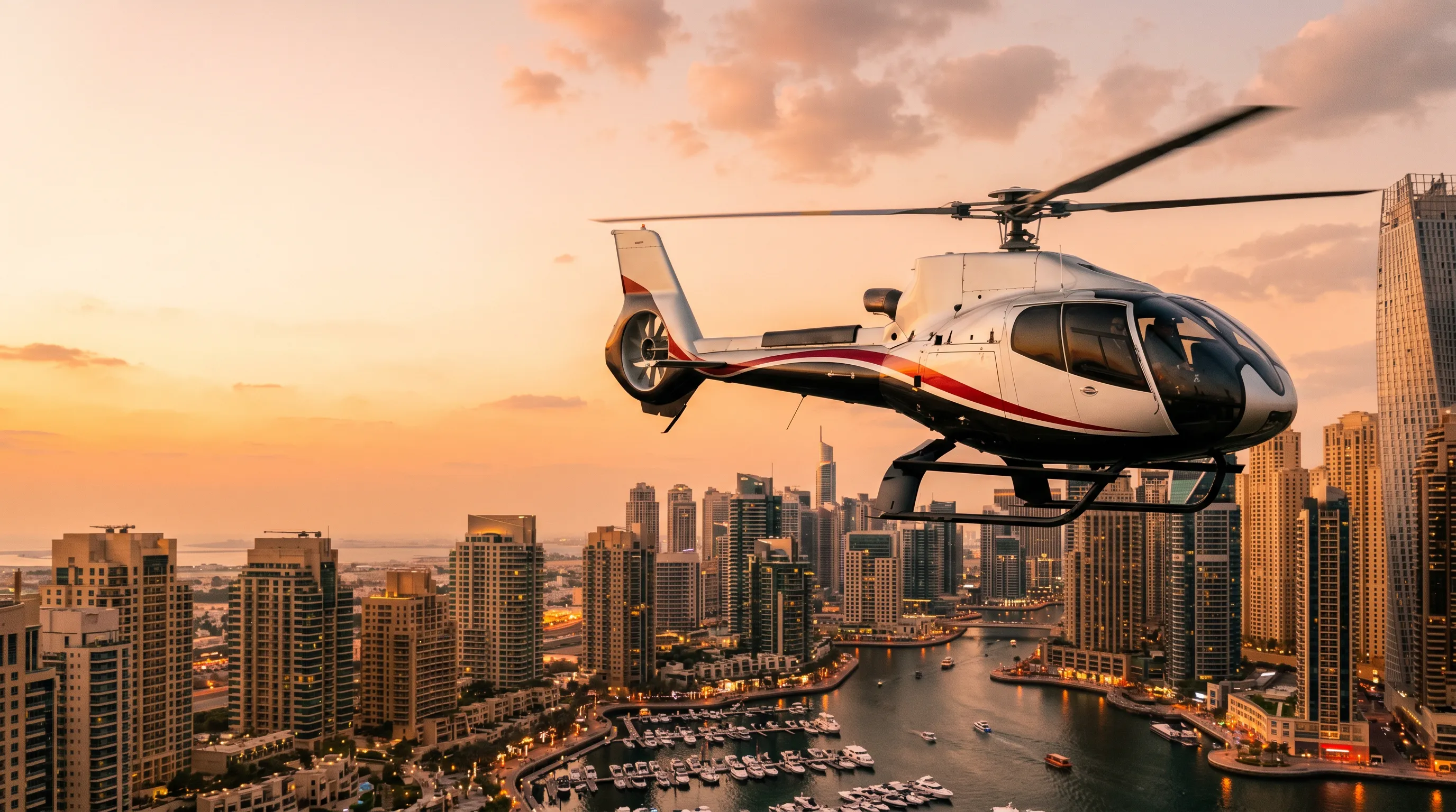 Helicopter over Dubai Marina at sunset