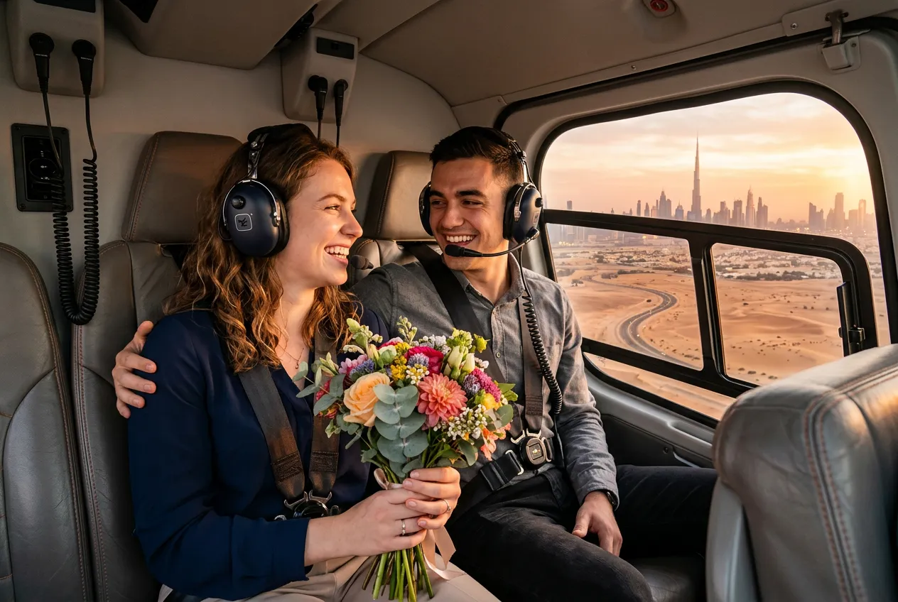 Couple celebrating a birthday inside a helicopter with a bouquet at sunset