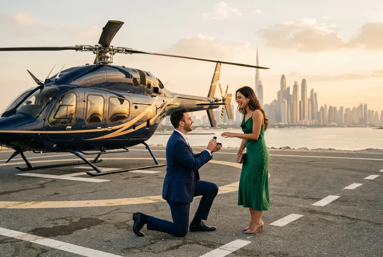 Marriage proposal beside a helicopter on a Dubai helipad at sunset